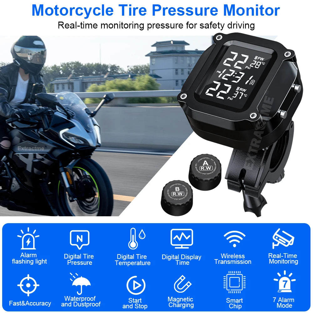 Extractme Tire Pressure Monitoring System Colorful Display Wireless TPMS Motorcycle Solar Charge Tyre Temperature Alarm Sensor
