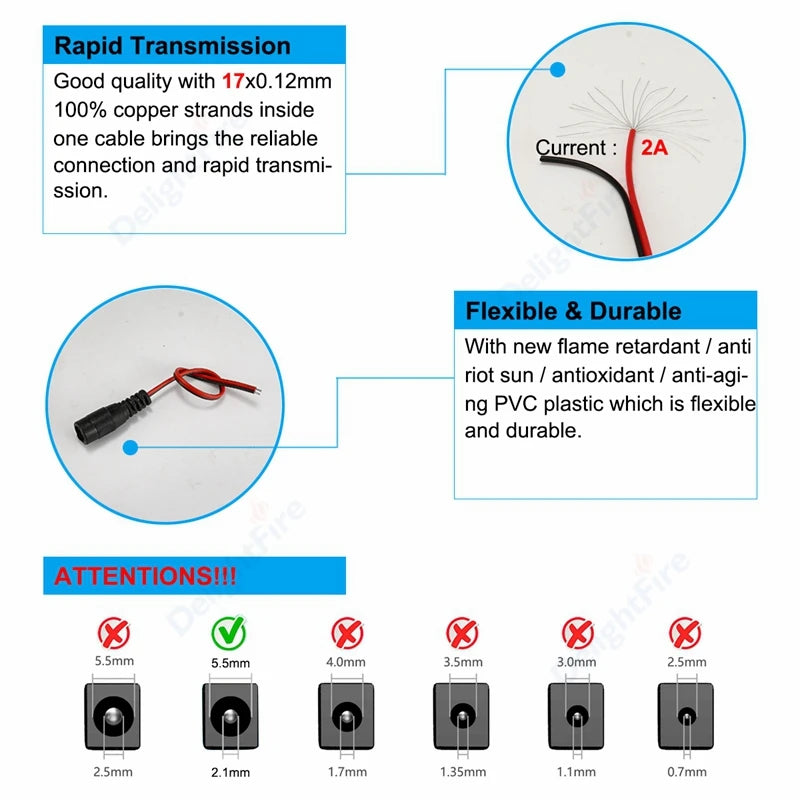 1-100pcs DC Power Pigtail Cable 5.5 2.1mm Female Male Plug 5V 12V Jack Connector Wire For CCTV Camera LED Strip Power Adapter