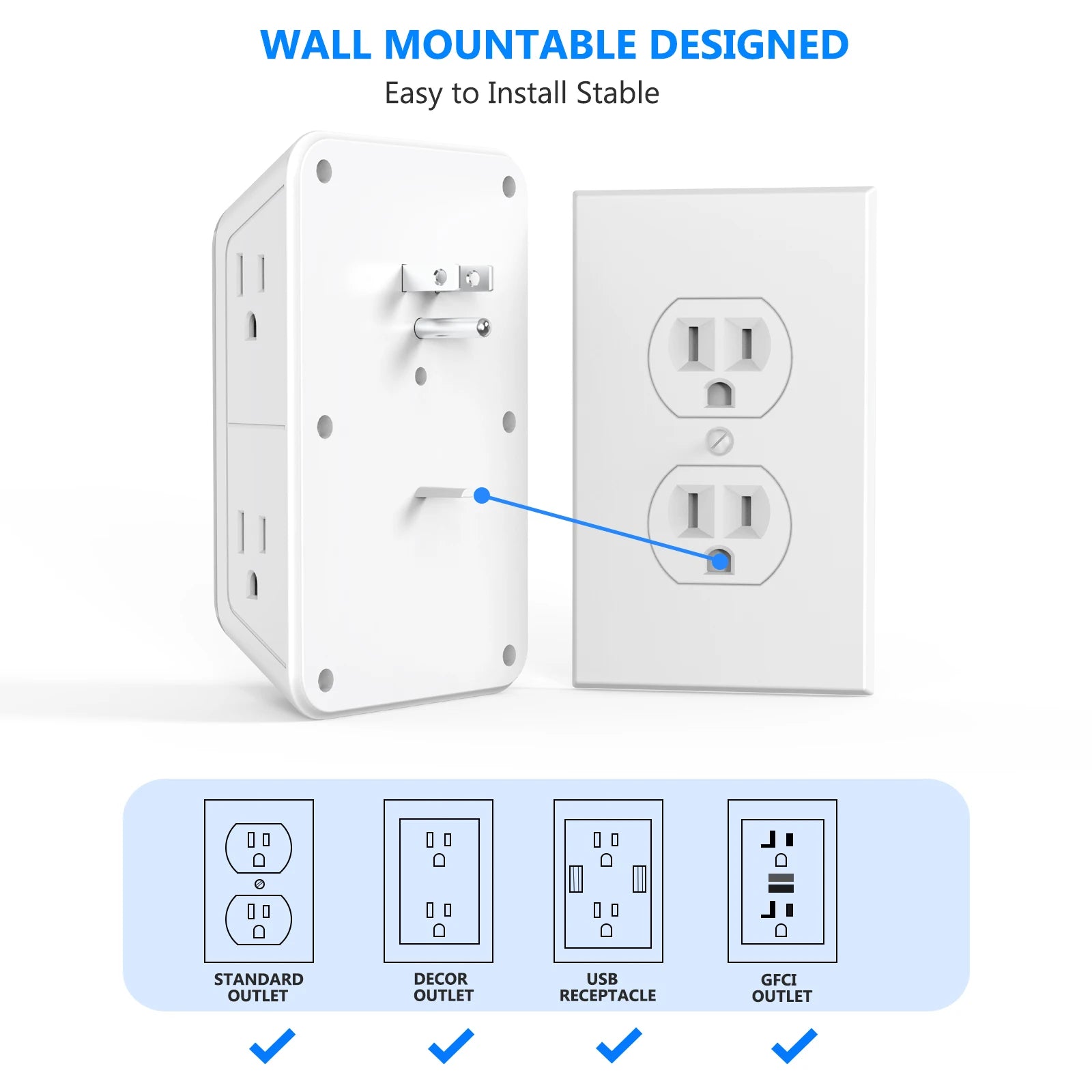 6 Outlet Wall Tap, 4 USB Ports (2 USB C) Fast Charging Surge Protector, Universal Plug Power Strip with Network Filter for Home