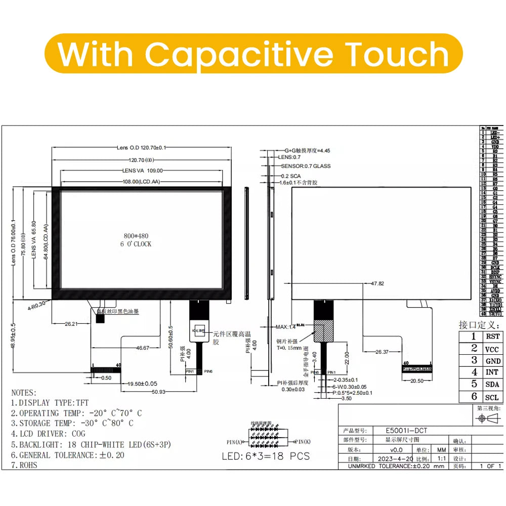 5 Inch TFT LCD Display Module 800*480 RGB IPS 40Pin 3.3V ILITTEK Driver 500 Illumination Capacitive Resistance Touch Screen