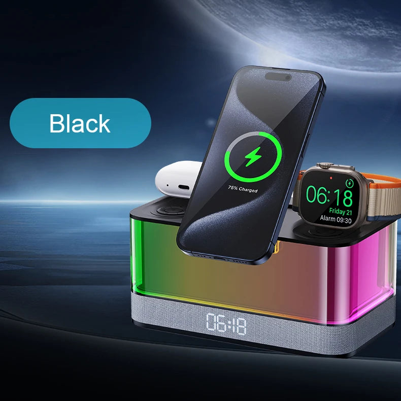 Domars Wireless Charger with Colorful Night Light and Built-In Audio Speaker Supports Fast Charging for Smartphones Earphones