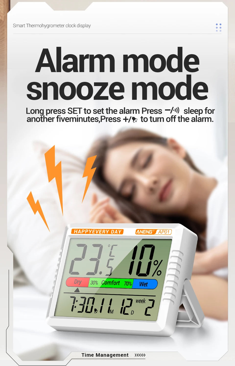 Digital Thermohygrometer Clock ANENG AP01 Snooze Alarm Mode Air Thermometer Humidity Multi-scenario High Precision Tester Tools