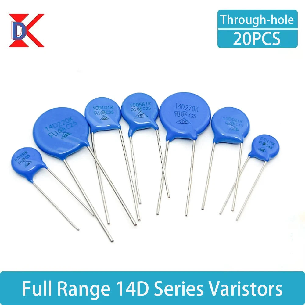 20PCS Through-hole MOV Varistors: 14D180K, 14D220K, 14D270K, 14D330K, 14D360K, 14D390K, 14D470K, 14D560K, 14D182K and other rela