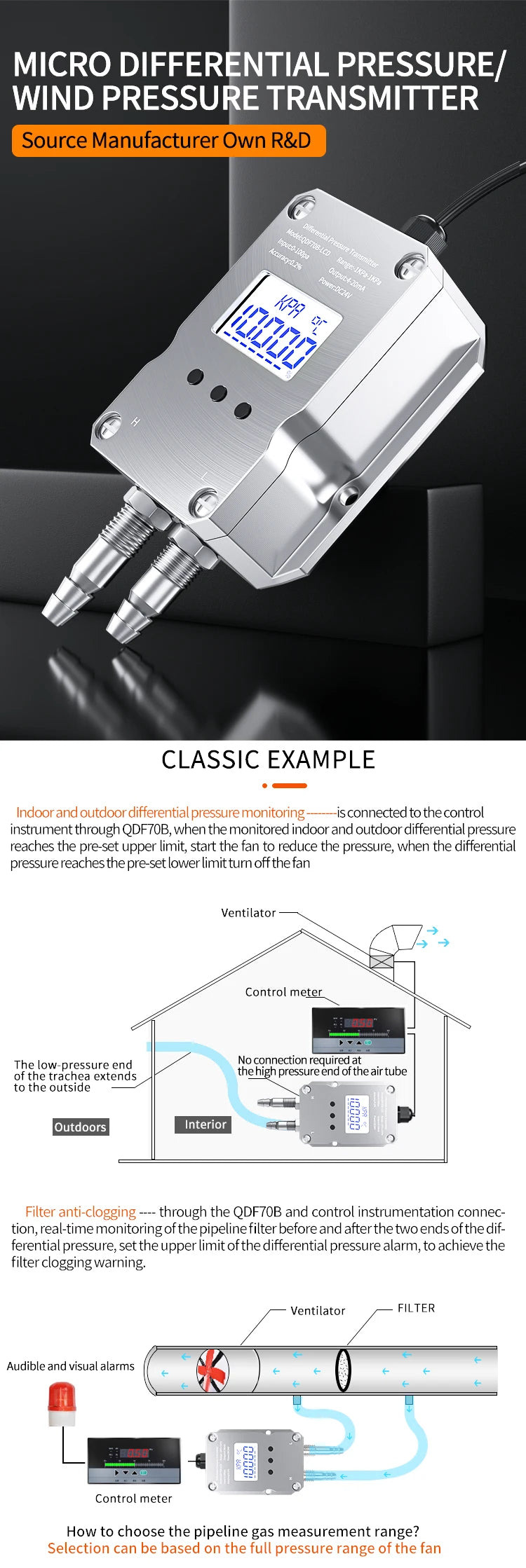 4-20mA LCD Differential Pressure Transmitter 0-10V 0-5V  RS485 Wind Pressure Sensor 1Kpa 10kp 50Pa 100Pa 500Pa 50Pa Air Pressure