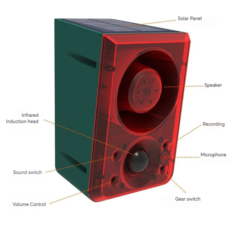 Solar Outdoor Motion Sensor Alarm Home  Alarm with Dog Barking Gunshot Sound Support Recording and Adjustable Volume