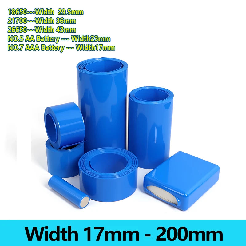 Width 17mm ~ 200mm Blue PVC Heat Shrink Tube 18650 Battery Wrap Battery Pack Insulated Cable Protector Sleeve Lithium Film Case