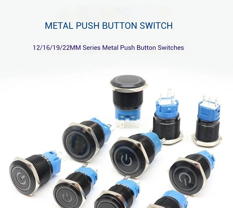12/16/19/22MM black metal switch button self-locking latching reset power button start stop car motorcycle 6/12/24/220V on off