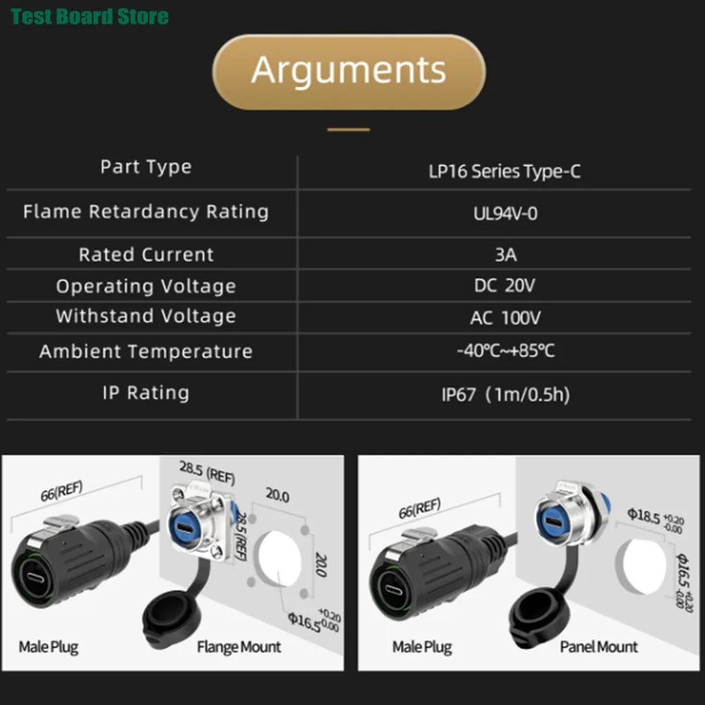 EW-LP16 Type-C USB 3.1 Female Socket Rear Nut Locking Jack Panel Mount Connector Waterproof Fast Charging Data Wire Cable 5A