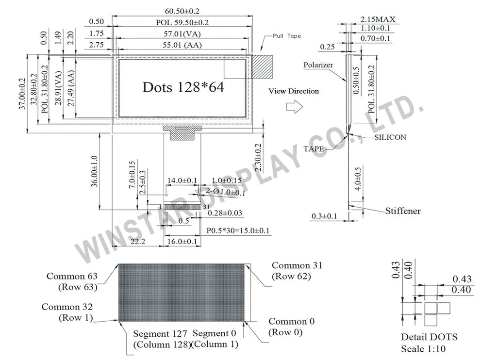 Winstar WEO012864G 31P COG Graphic SPI/I2C/6800/8080 SSD1309 3V 2.42 inch OLED Display 2.42" 128x64
