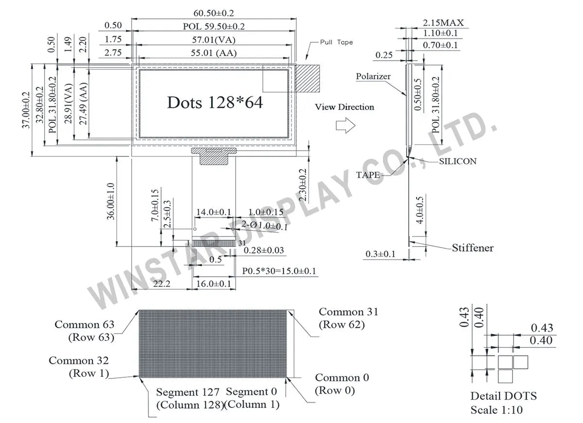 Winstar WEO012864G 31P COG Graphic SPI/I2C/6800/8080 SSD1309 3V 2.42 inch OLED Display 2.42" 128x64