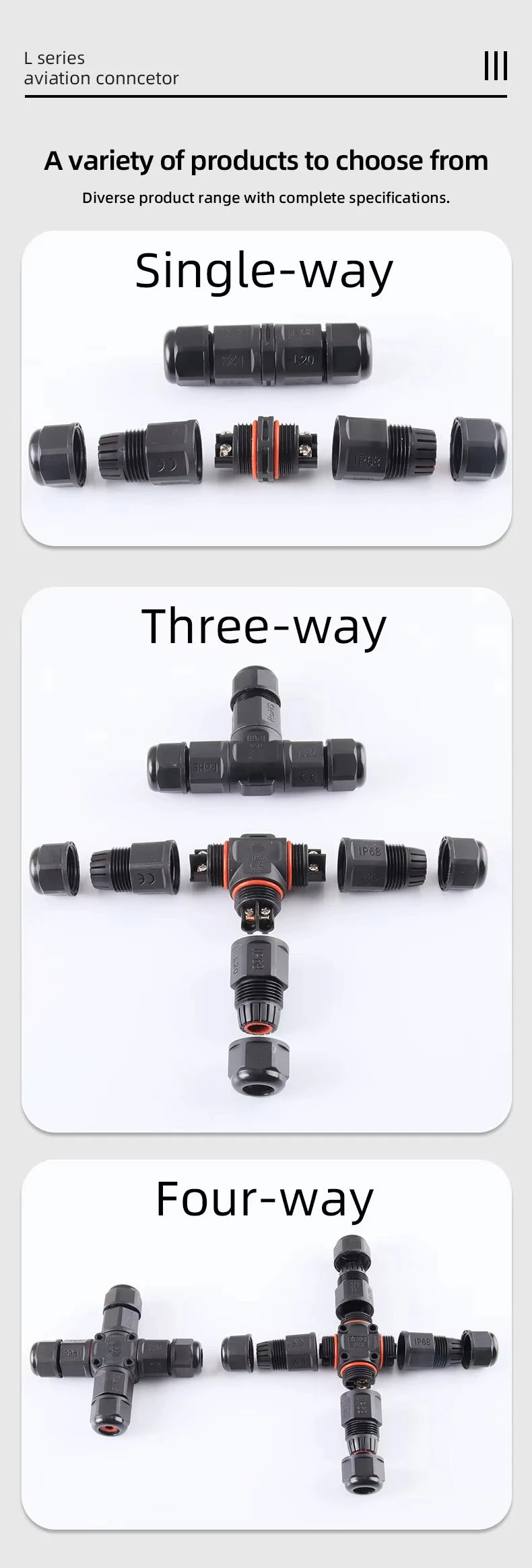 TL20 T-Shaped 3-Way Waterproof Cable Connector IP68 2Pin 3 Pin Screw Terminal PA66-Thread Nylon for LED Outdoor Solar Industrial