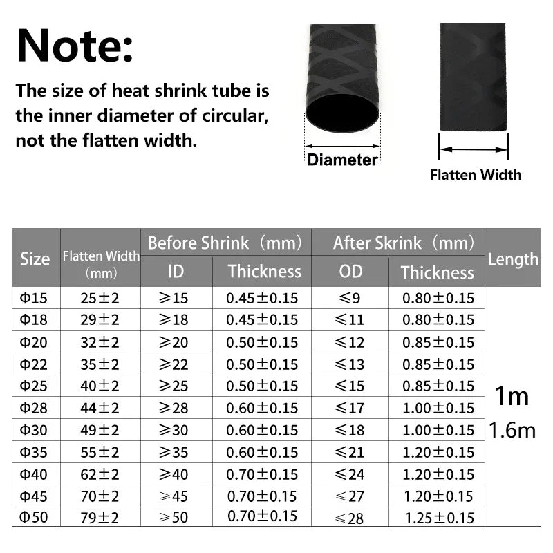 Black Fishing Rod Heat Shrink Tube Anti-Skid ID 15mm - 60mm DIY Non-Slip Handle Protect Wrap Cover Case 2:1 Polyolefin Sleeve