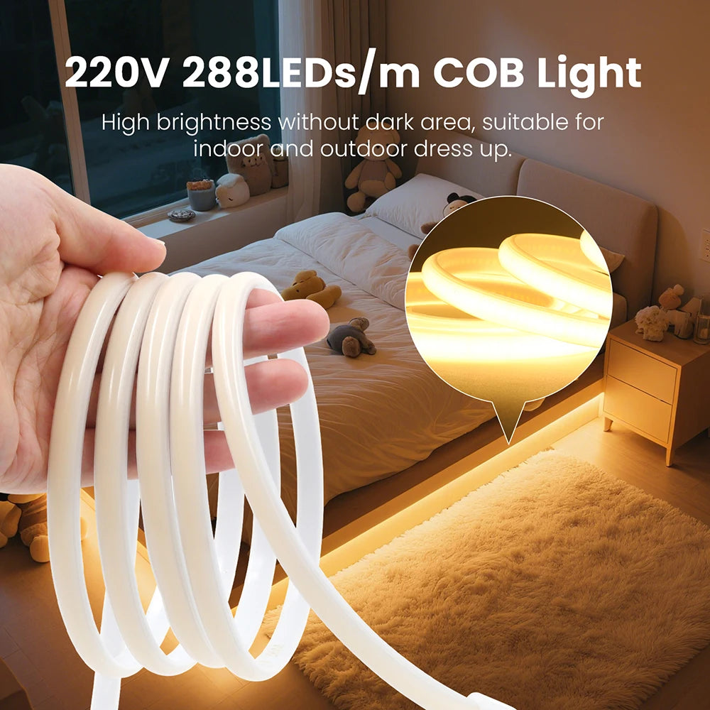 Dimmable 220V COB LED Neon Strip Light Switch Dimmer Power Kit 5m 10m 30m 3000K 4000K 6000K 288 LEDs Flex Tape 0.5m Waterproof