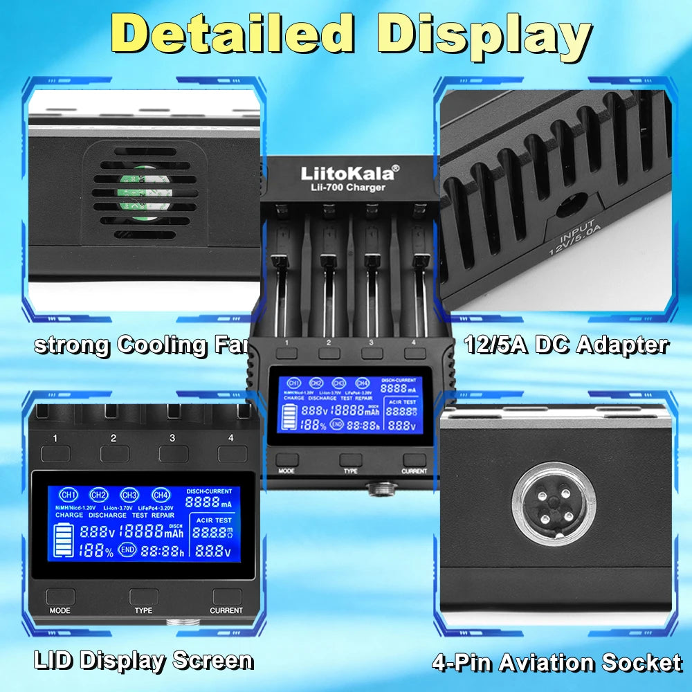 LiitoKala Lii-700 Universal 18650 AA AAA Charger, QC 12V 5A Fast Charge, Overcharge & Reverse Protection, 0V Battery Activation