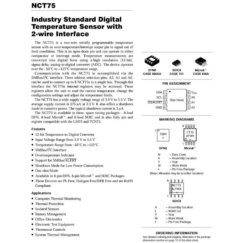 NCT75DMR2G TSSOP-8 CT75 NCT75DMR 12-bit temperature sensor chip
