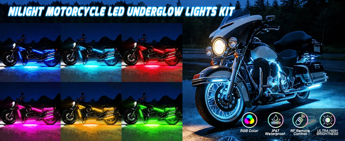 Nilight 8PCS Motorcycle RGB Led Light Kit Waterproof Multi-Color Atmosphere Lights Lamp with 4Key RF Wireless Remote for Harley Davidson Honda Kawasaki Suzuki
