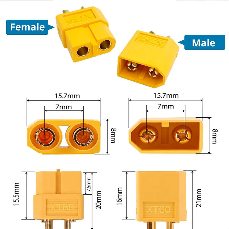 XT60 to O-Ring Terminal Cable: XT60 Male or Female Connector to M8, with 12 AWG Silicone-Insulated Wire (0.5 m to 10 m)