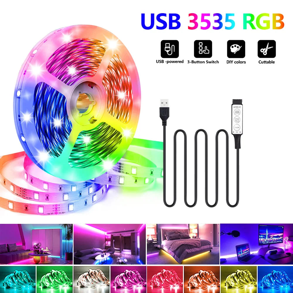 5V RGB light strip with 3-button control, USB powered, suitable for game rooms, living rooms, bedrooms, and holiday decorations.