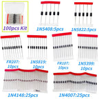 100pcs 8 types Schottky Diode Rectifier Diode Kit 1N4148 1N4007 1N5819 1N5399 1N5408 1N5822 FR107 FR207 Fast Switching Diode