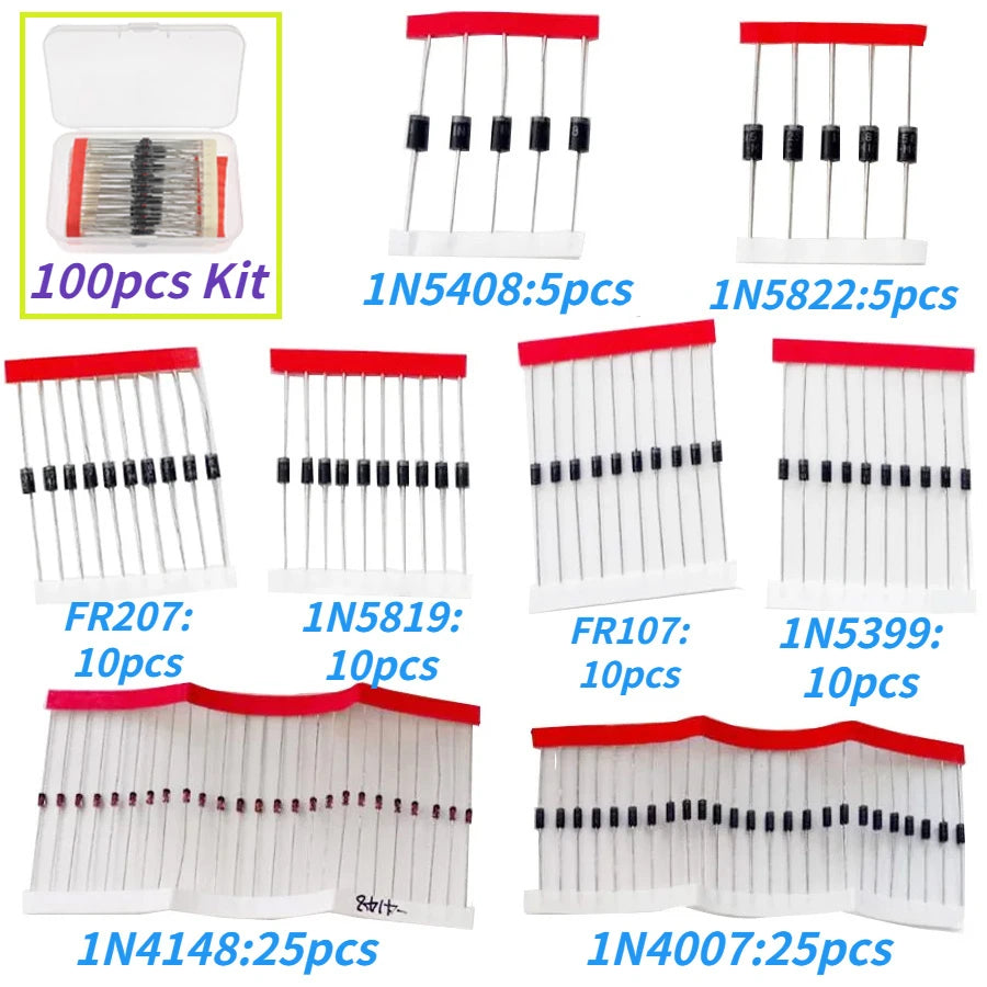100pcs 8 types Schottky Diode Rectifier Diode Kit 1N4148 1N4007 1N5819 1N5399 1N5408 1N5822 FR107 FR207 Fast Switching Diode