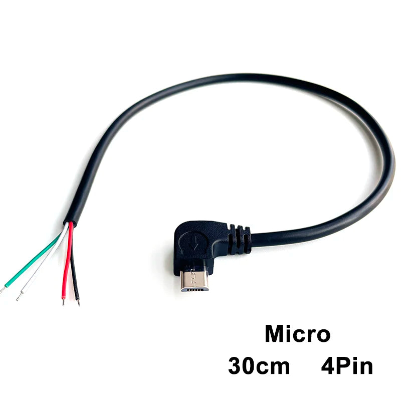1pcs 2Pin 4Pin Micro USB / Type C Charger Connector USB 2.0 Type A Elbow Head Male Power Supply Extension Cable DIY Data Line