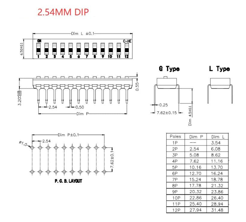 5Pcs Slide Type Switch Module 1 2 3 4 5 7 8 10PIN /1.27/2.54mm Position Way SMD/DIP Pitch Toggle Switch Snap Switch Dial Switch