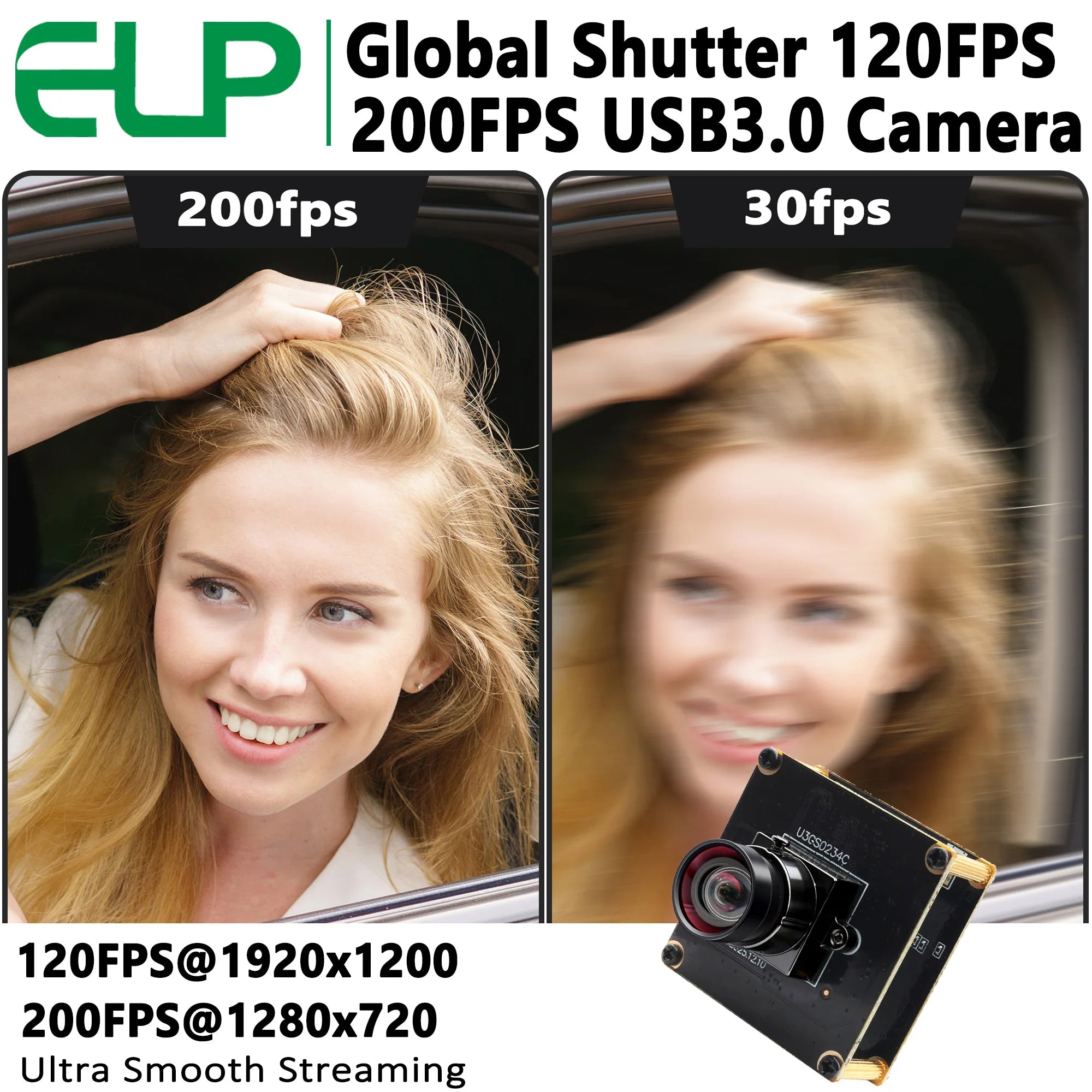 ELP 1200P 2.3MP Global Shutter USB 3.0 Camera Module High Speed 120fps 200fps Color Webcam UVC Plug and Play Industrial Camera