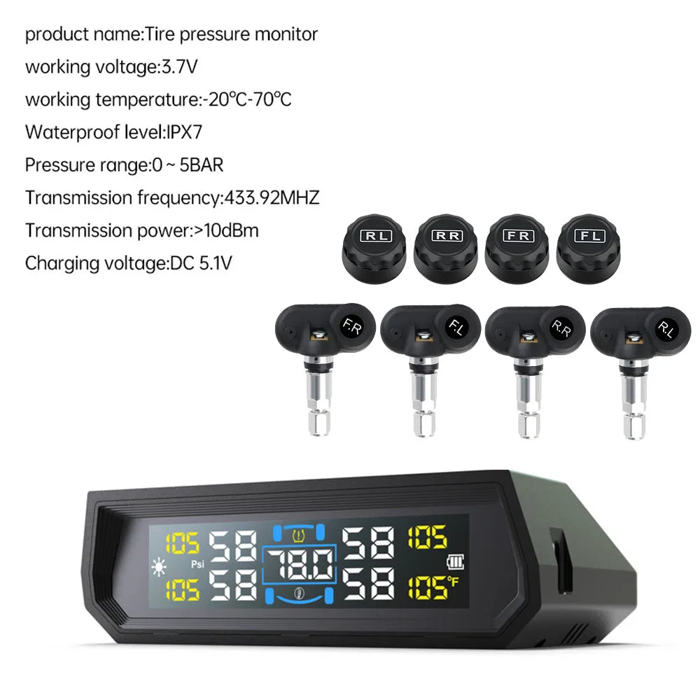 Tire Pressure Monitoring System Auto Security Alarm Systems Solar/USB Powered Tyre Temperature Monitor Car TPMS 4 Sensors