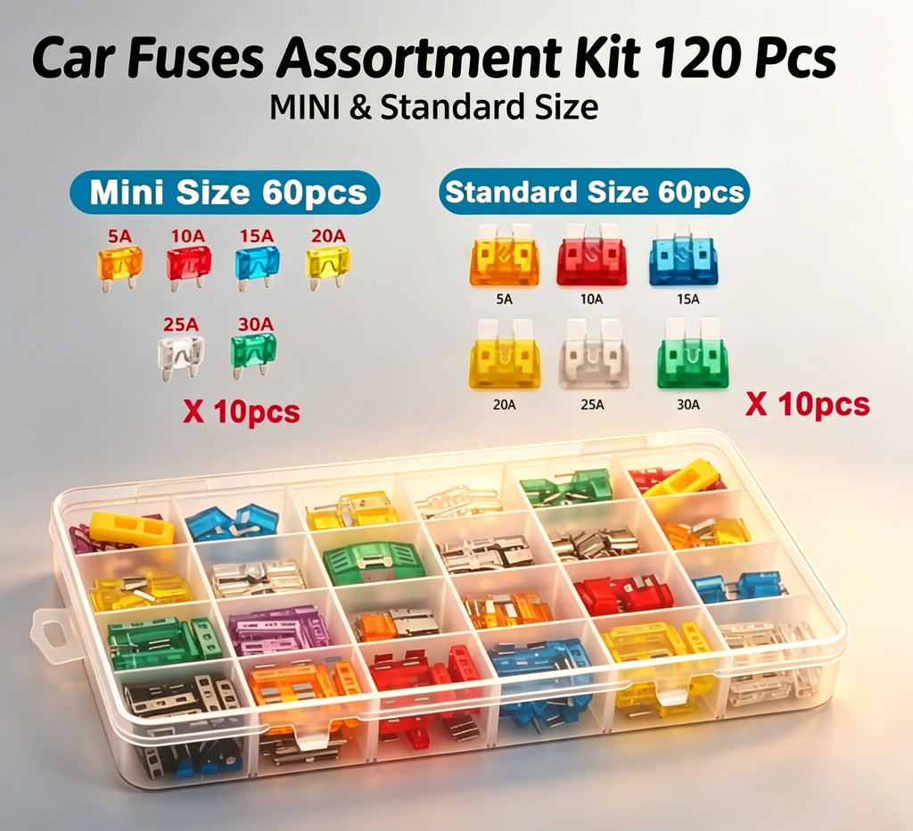Car Blade Fuse Standard & Mini Assortment 5A 10A 15A 20A 25A 30A With Storage Box &Puller for Truck, Boat, RV, Motorcycle 120Pcs