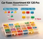 Car Blade Fuse Standard & Mini Assortment 5A 10A 15A 20A 25A 30A With Storage Box &Puller for Truck, Boat, RV, Motorcycle 120Pcs