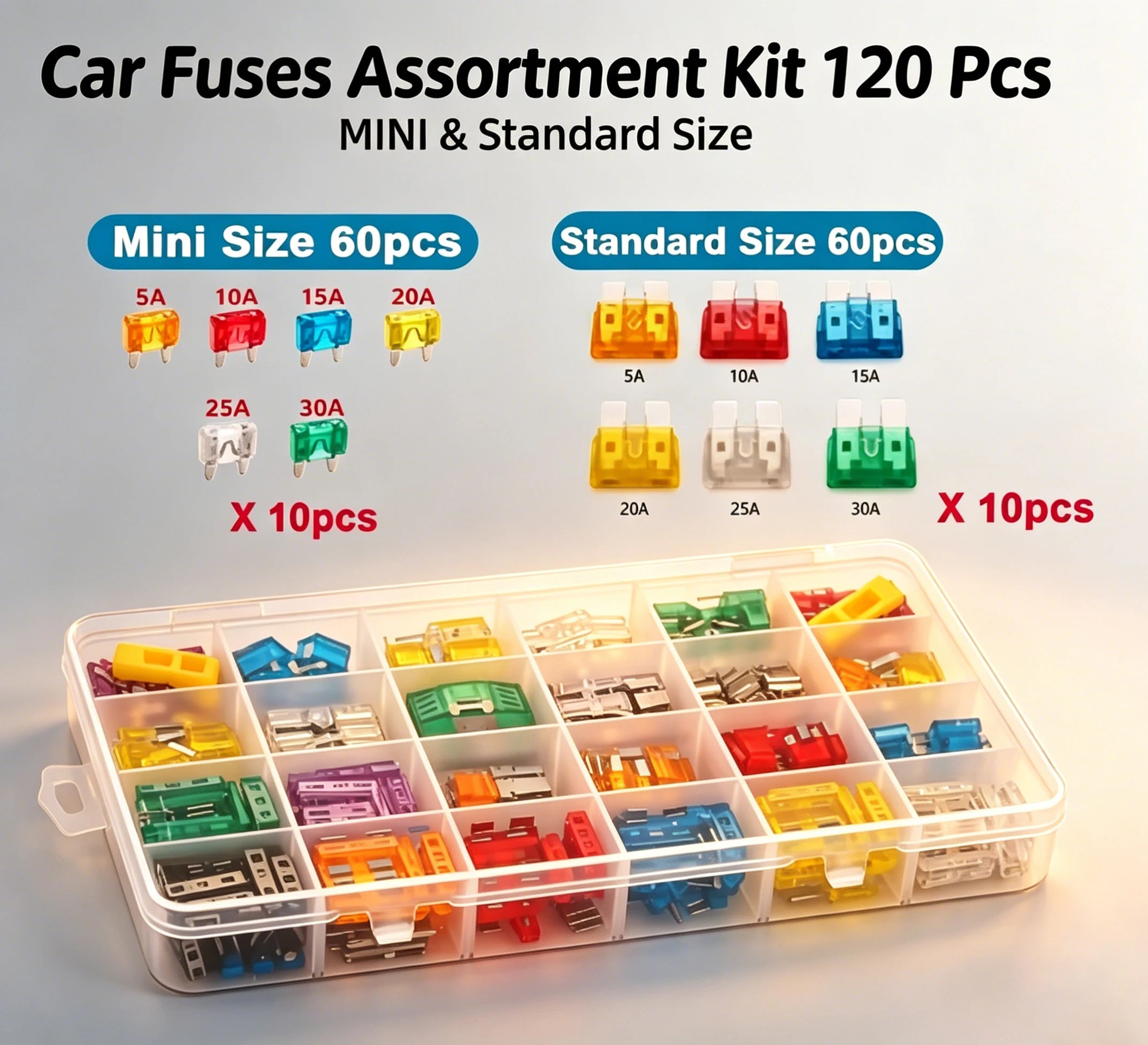 Car Blade Fuse Standard & Mini Assortment 5A 10A 15A 20A 25A 30A With Storage Box &Puller for Truck, Boat, RV, Motorcycle 120Pcs
