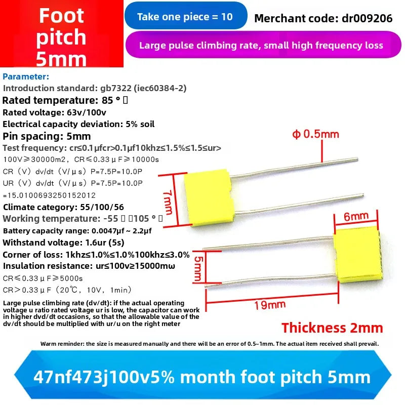 10PCS 100V Correction Capacitor Polypropylene Safety Plastic Film 100V 1nF ~ 470nF 100nf 220nf 10nf 47nf 22nf 1nf 0.47uf 0.1uf