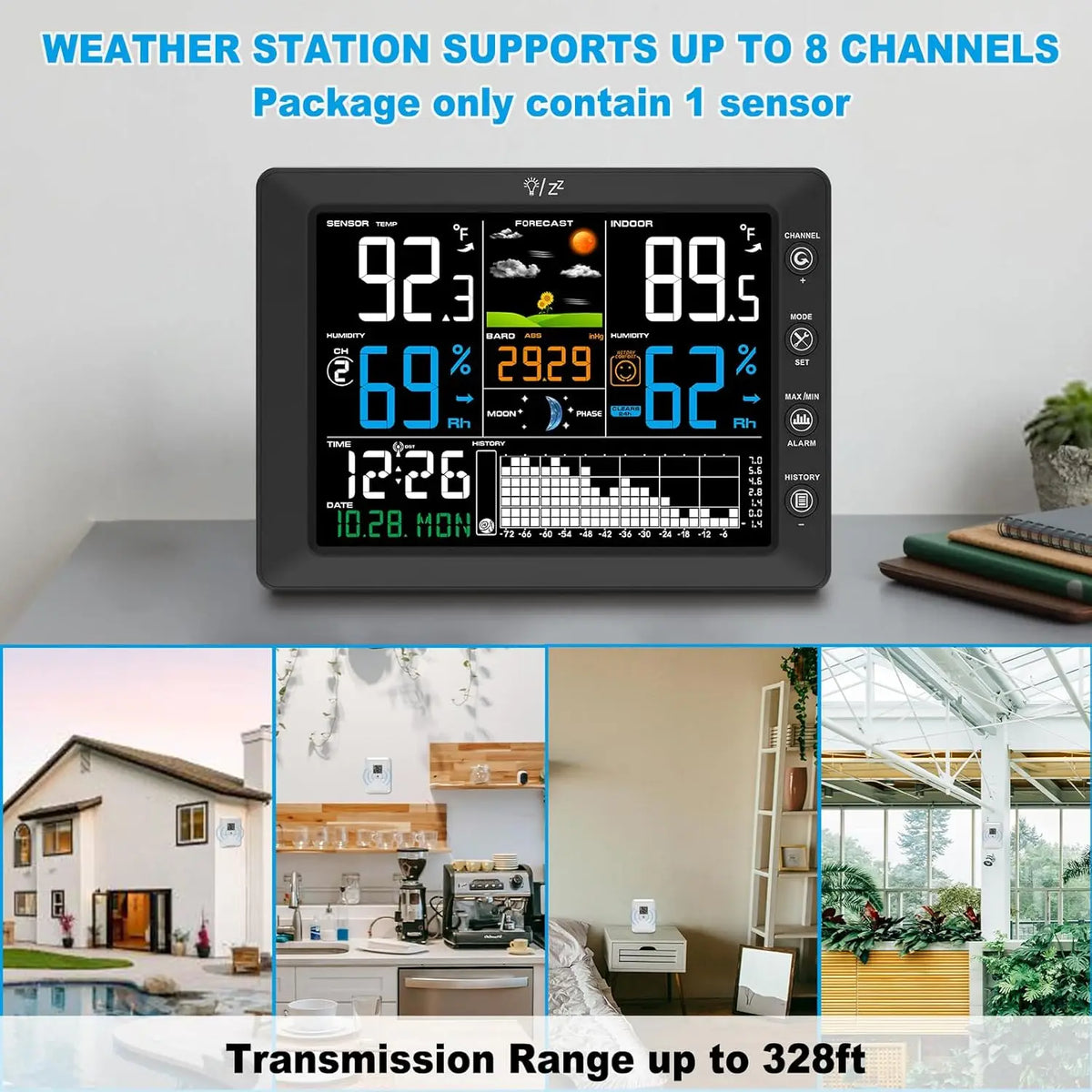 2025 Digital Thermometer Wireless Weather Station with 8.3'' Color Touchscreen 3-in-1 Thermo-hygrometer Sensor Dew Point Monitor
