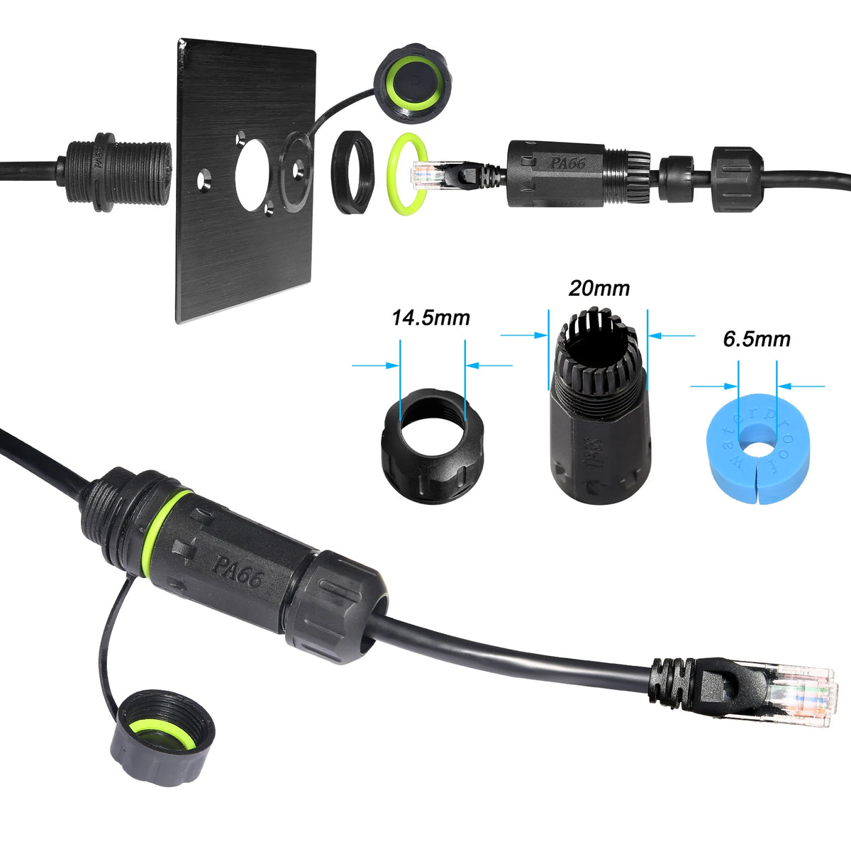 1PC RJ45 8p8c Waterproof Connector, RJ45 Male to Female, Panel Mount Type, Zinc Alloy Body+PA66 Plastic+Copper Contact 250mm