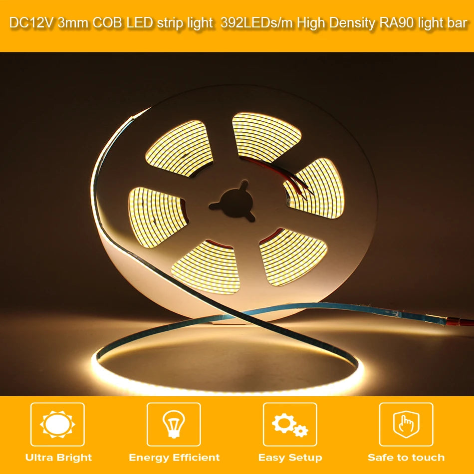 3mm PCB Ultra Thin DC12V 392LEDs/m COB LED Light Strip for Home Decor Car DIY Blue/Green/Red White High Density LED Tape
