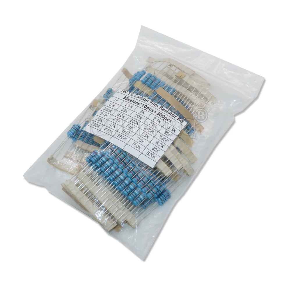 300PCS/Set 30 Kinds 1/4W 1/2W 1W 2W 3W Resistance 1% Metal Film Resistor Pack Assorted Kit 0.1R-750R 1K-820K Resistor 150PCS/Set