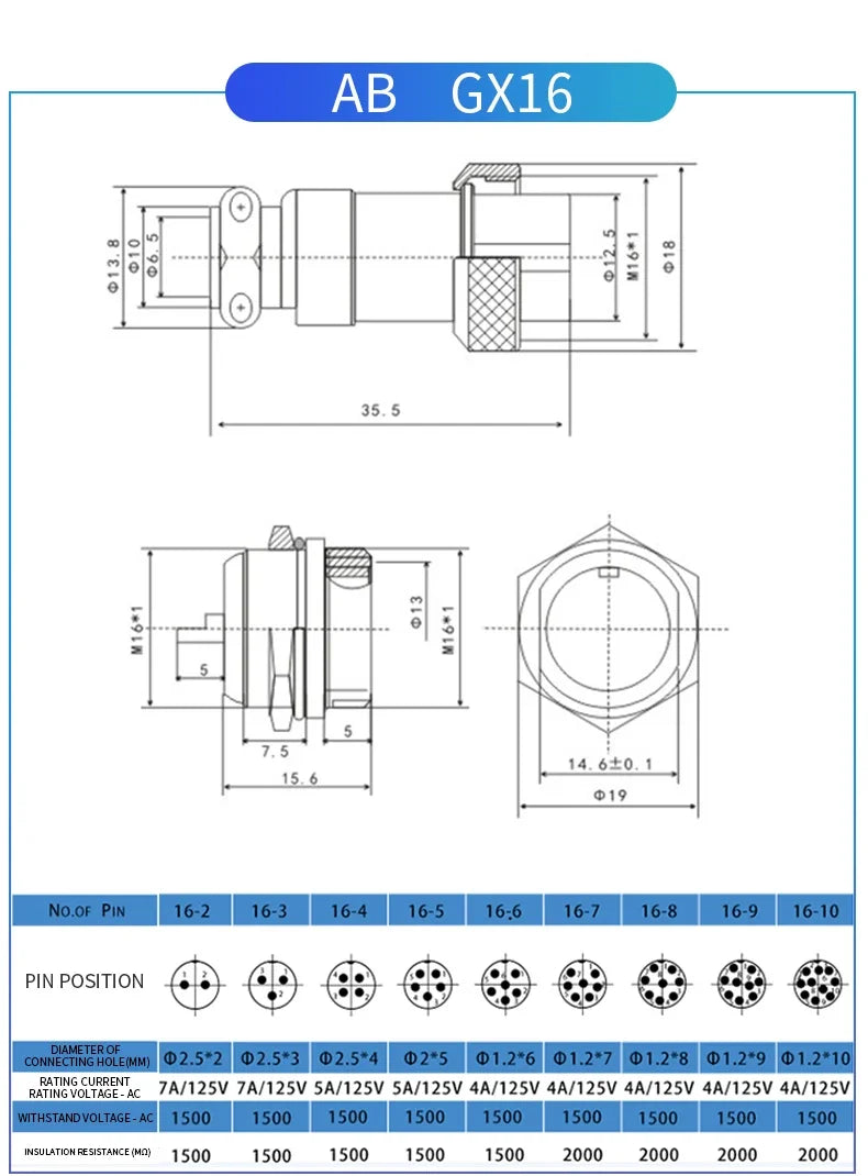 GX12 GX16-2/3/4/5/6/7/8/9/10Pin Electronic Connection Waterproof Heat-resistant Male Female Connectors With 1M Cable