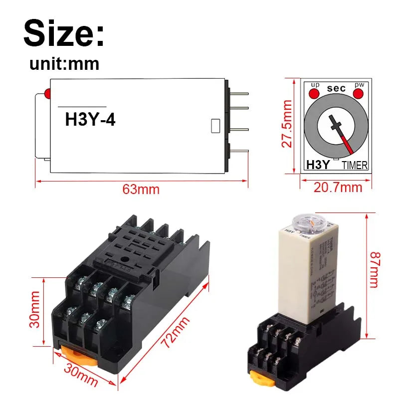 1Pc H3Y-4 AC110V 220V Power on Time Delay Relay Timer Switch 1S/5S/10S/30S/60S/5M/10M/30M/60M Delay Rotary Knob