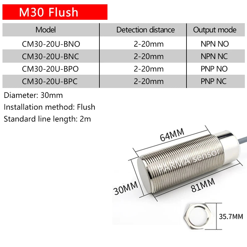 30mm Diameter Copper Tube Capacitive Proximity Switch M30, a Sensor for Detecting Water, Wood, Glass, Oil and Feed