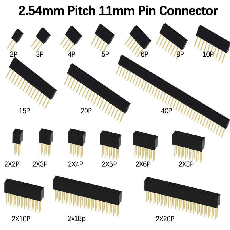 10PCS 2.54mm Pitch Straight Pin Header Male Connector 1x6/1x8/1x10/1x15/1x20/1x40 2x6/2x8/2x10/2x20 Single/Double Row PC