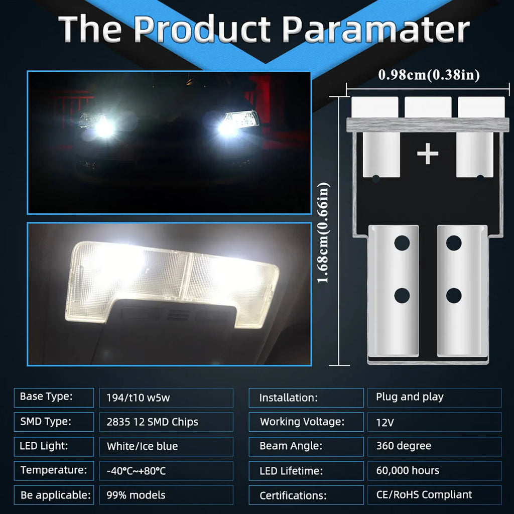 4pcs T10 W5W 194 LED CANBUS Bulb 2835 12smd 12V Car Interior Reading Lamp Clearance Lights License Plate Bulbs Dome Signal