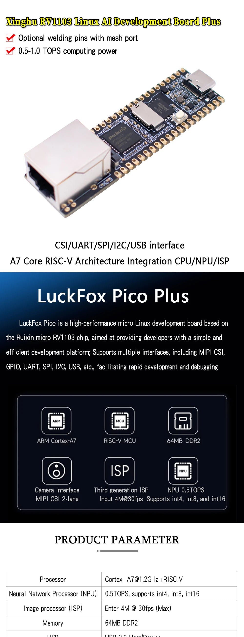 Luckfox Pico Plus,RV1103 Linux Micro Development Board,Integrates ARM Cortex-A7/RISC-V MCU/NPU/ISP Processors,With Ethernet Port