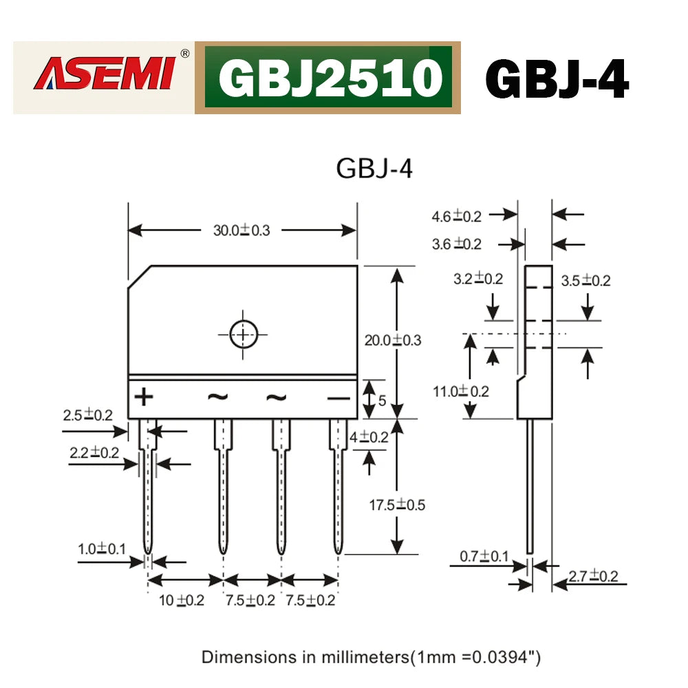 5PCS GBJ2510 25A 1000V Bridge Rectifier ASEMI