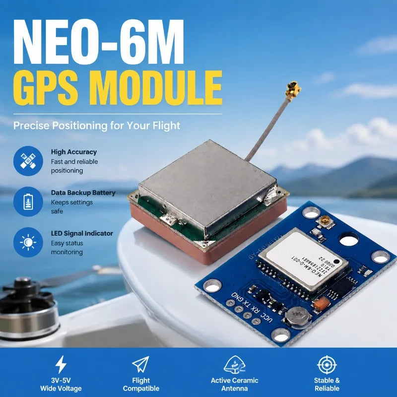 GPS Module NEO-6M with Active Ceramic Antenna, 3V-5V, Data Backup Battery, LED Signal Indicator, Compatible with Flight