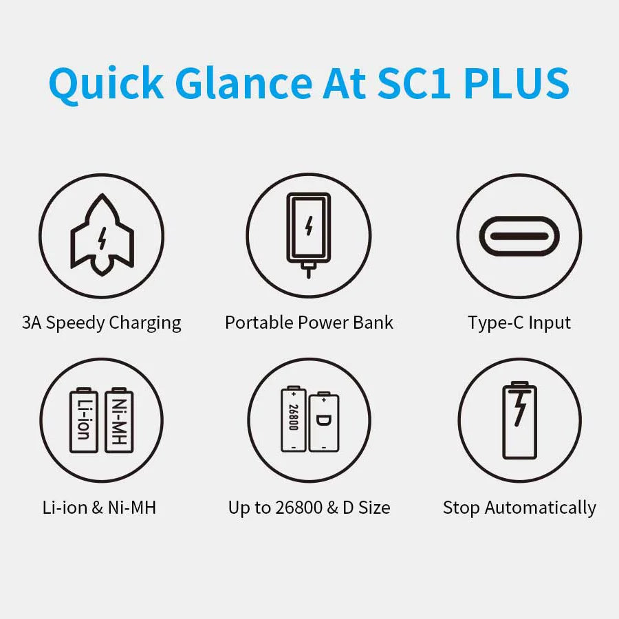 XTAR 26800 Battery Charger QC PD USB C 3A Fast Charging 21700 26650 26800 NiMH D Batteries 10W Power Bank 18650 Charger SC1 PLUS