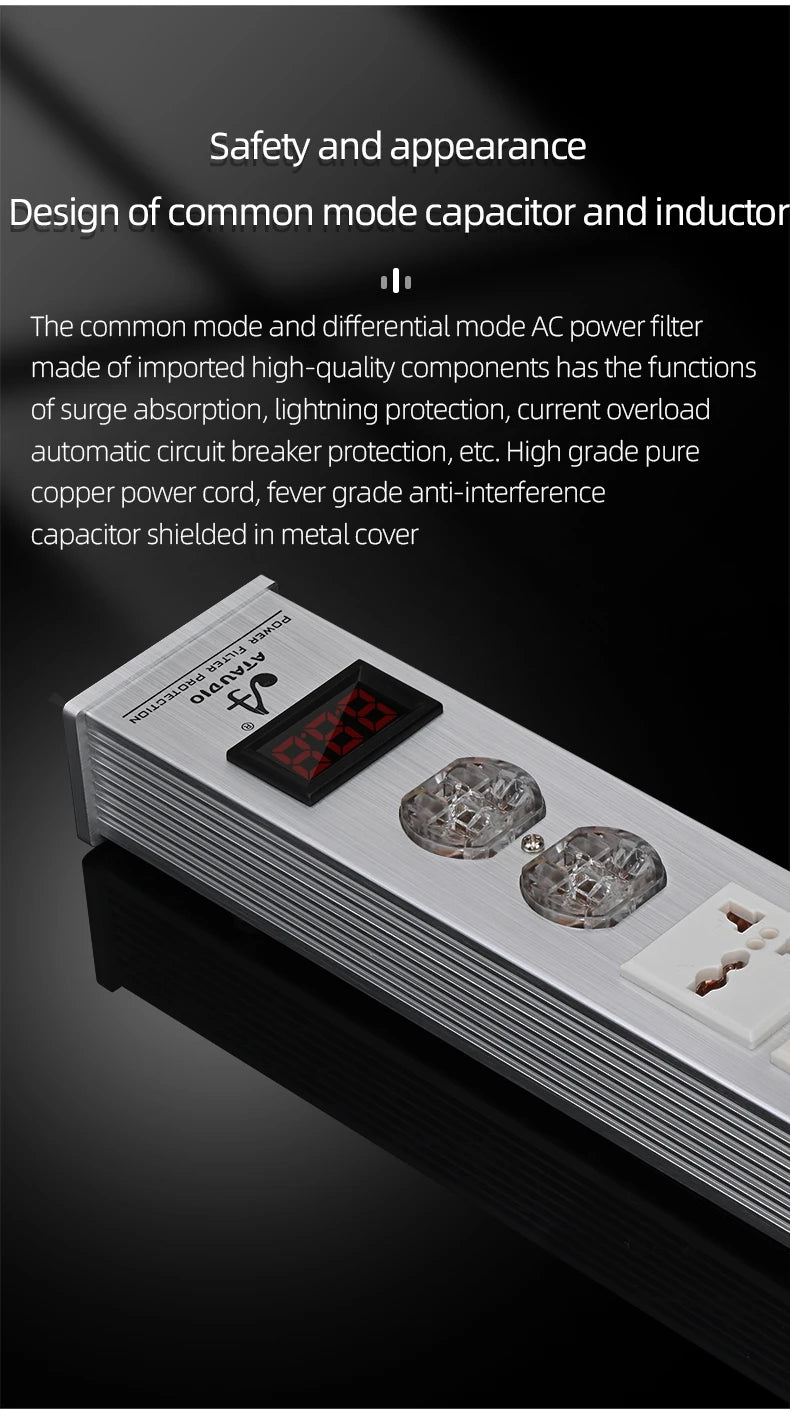 ATAUDIO HIFI Audio Power Filter Noise AC Power Filter Power 1500W 110V-250V  Purifier Surge Protection with EU Universal Outlets