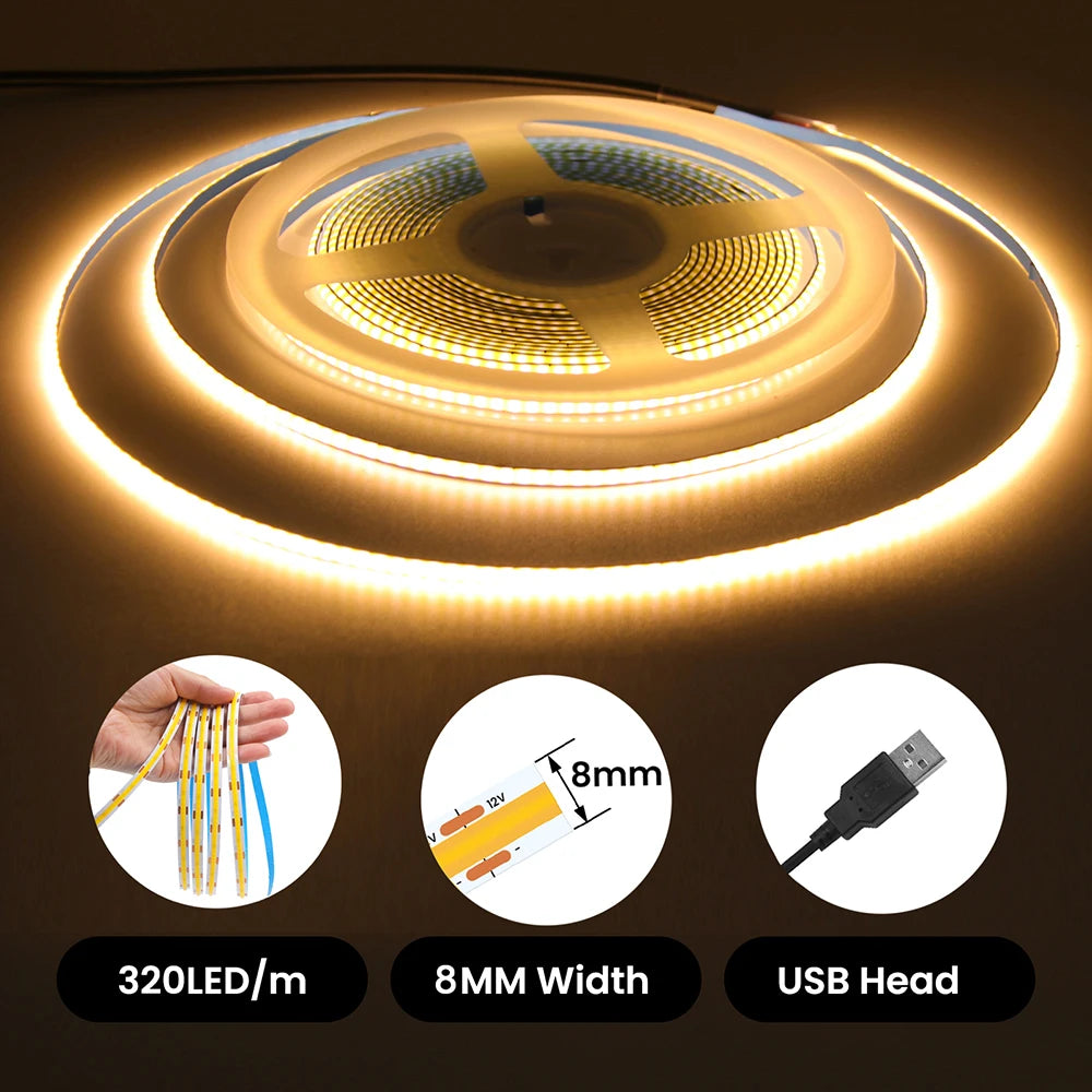 5V USB 3MM 5MM PCB COB LED Strip Light White/Red/Green/Pink/Ice Blue/Yellow TV Backlights DC5V 320Led Flex Night Lamp Home Decor
