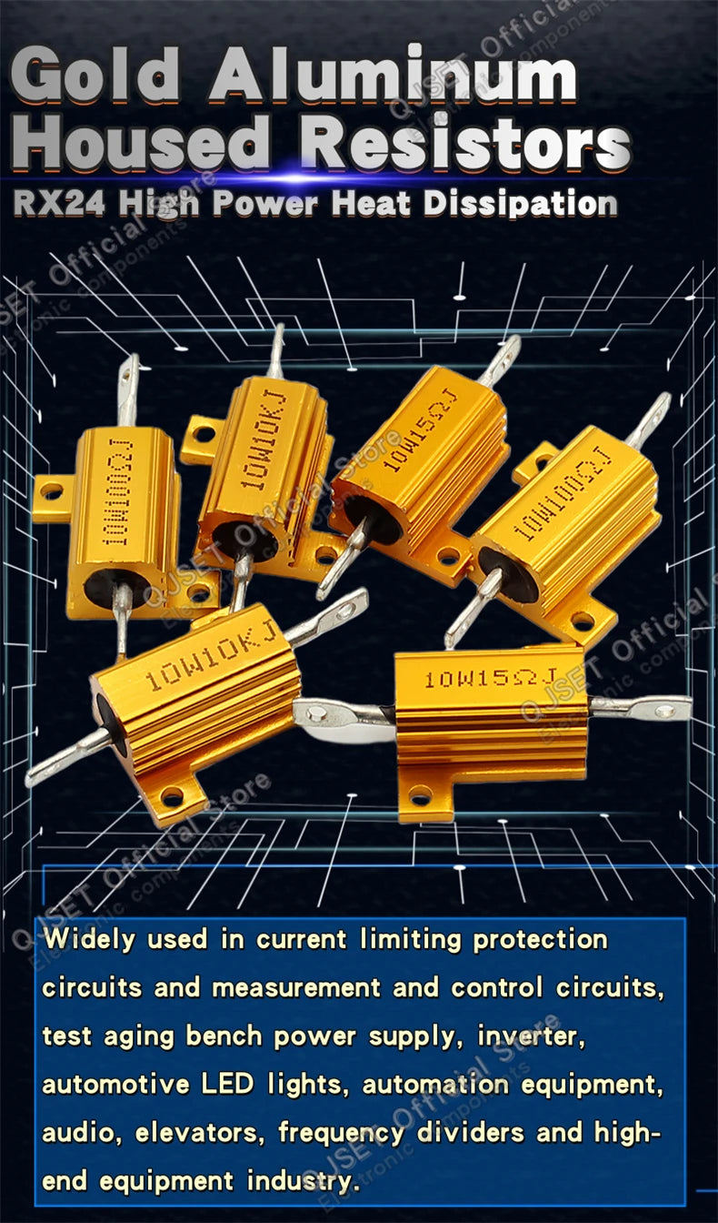 1pcs RX24-10W Golden Aluminum High Power Current Limiting Resistors 0.1 ~ 10K 0.5 1 2 3 5 8 10 20 100 150 200 300 500 1K 5K Ohms