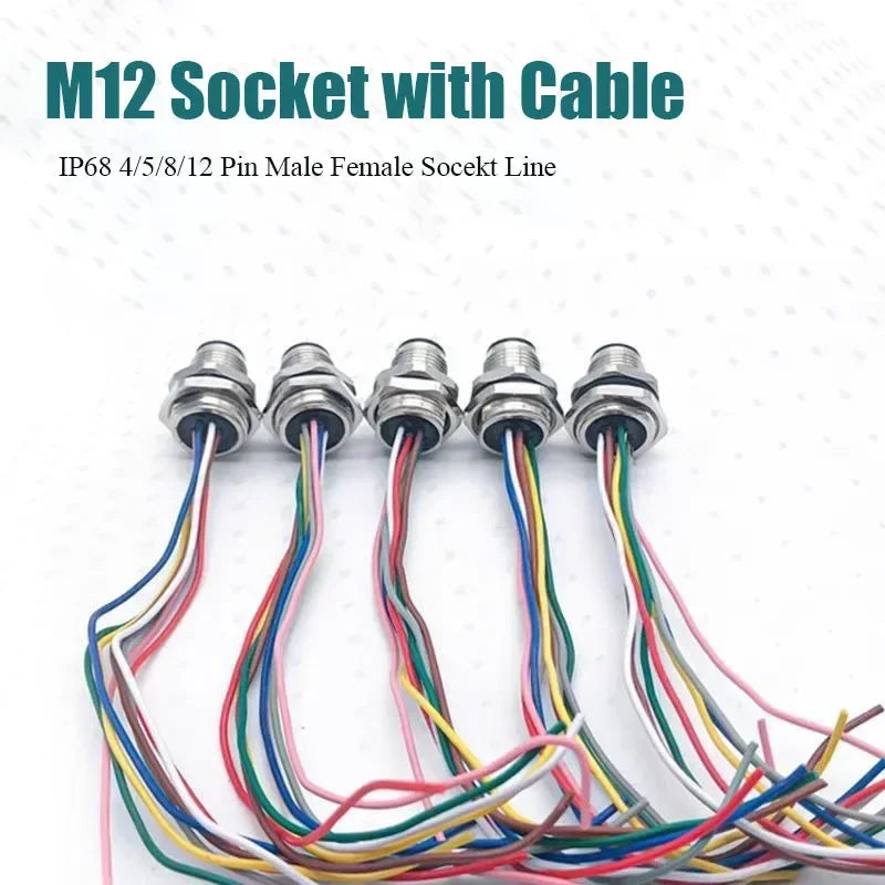 Waterproof M12 Male Female Connector Cable IP68 4 5 8 12 Pin Aviation Socket with 20CM Wire Open 12mm/16mm Panel Mount Sockets