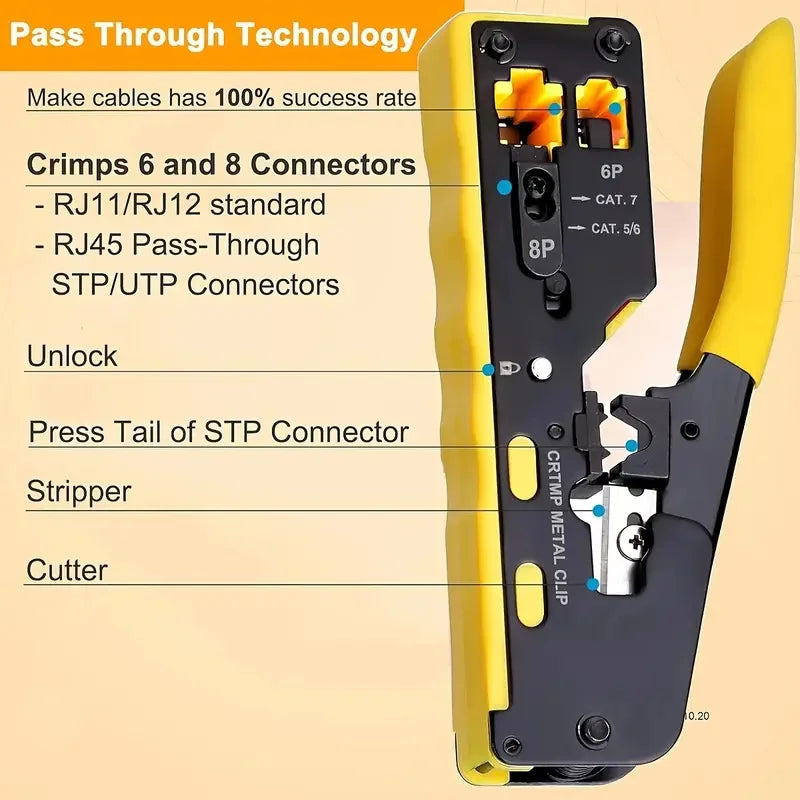 Propatch RJ45 Crimp Tool Kit All-in-One Ethernet Crimper Cat7 Cat6 Cat5 Crimping Tool with 52 Cat6 Ethernet Crimping Connectors